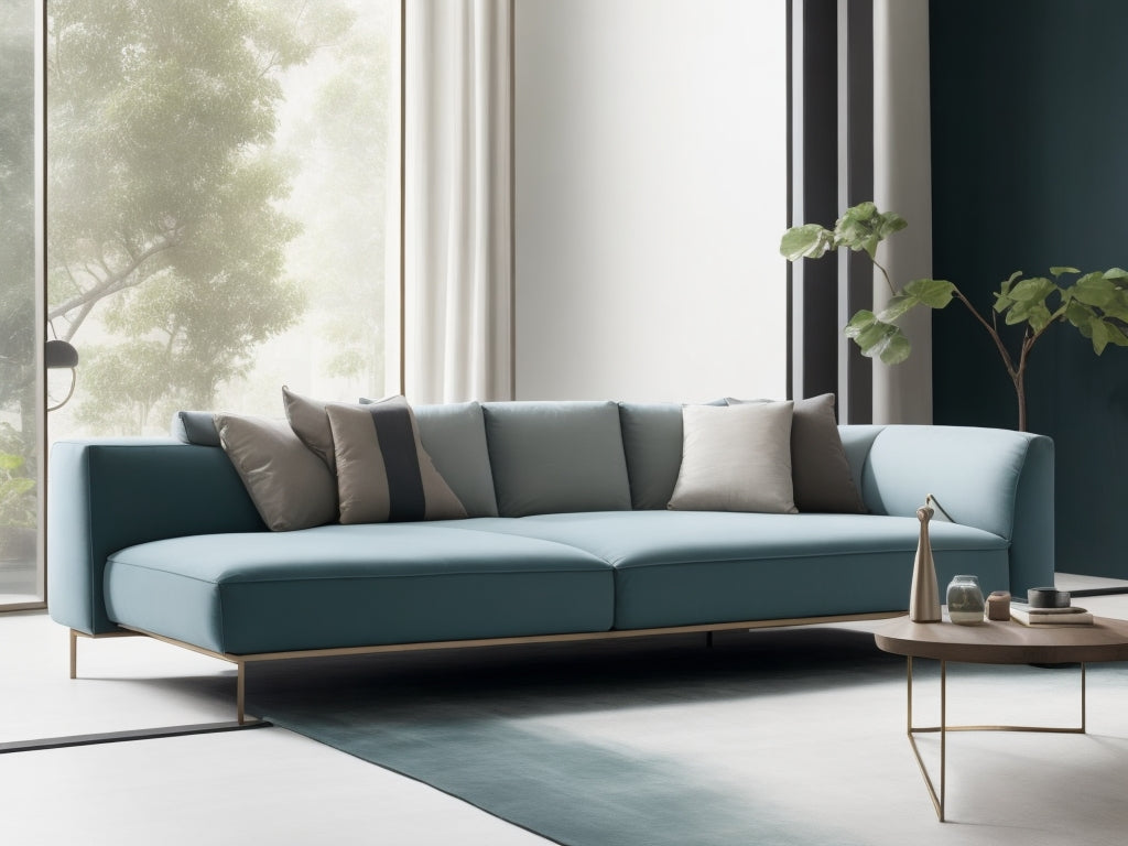 A high-grade sofa that creates a peaceful retreat, a sofa with a simple square body and sharp legs, a sofa with an authentic look that pursues elegance and comfort in light teal shade with grey cushions