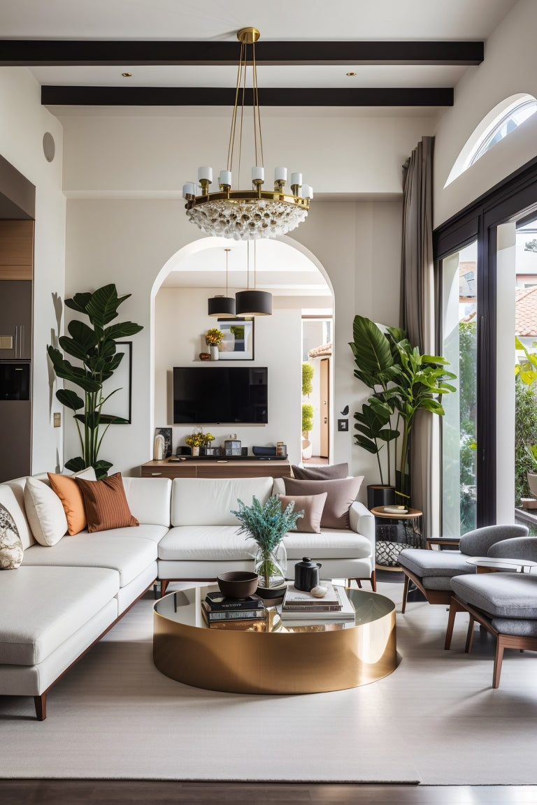 a living with blend of modern and classical interiors with an L shaped sofa, round golden table, and classic hanging chandelier.