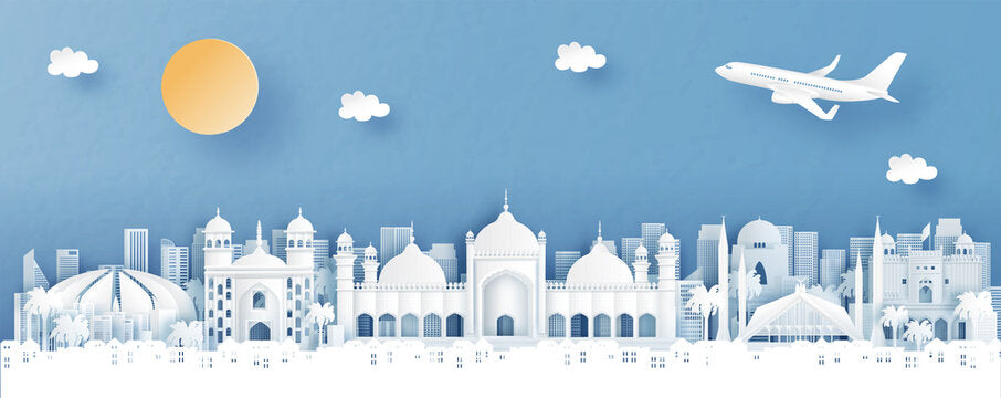 Pakistan Landmarks 2d landscape in white in front of blue animated sky