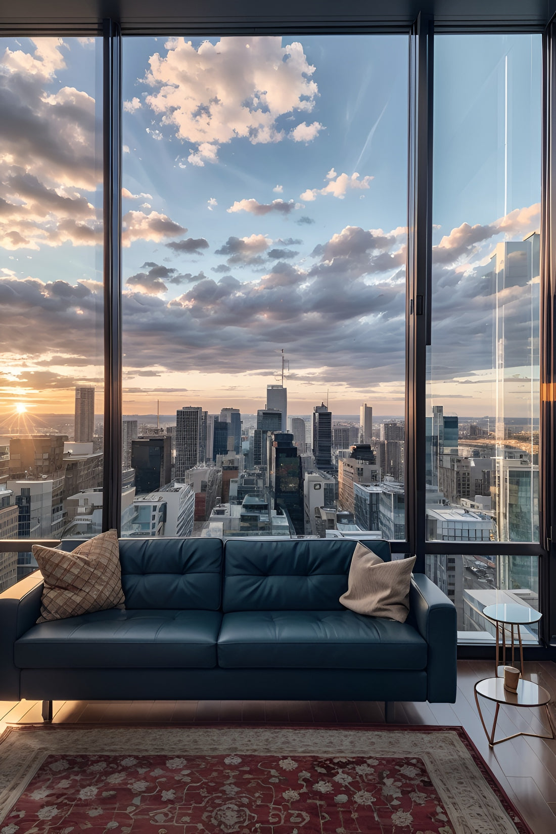 A minimalist room sofa on the top floor of a skyscraper