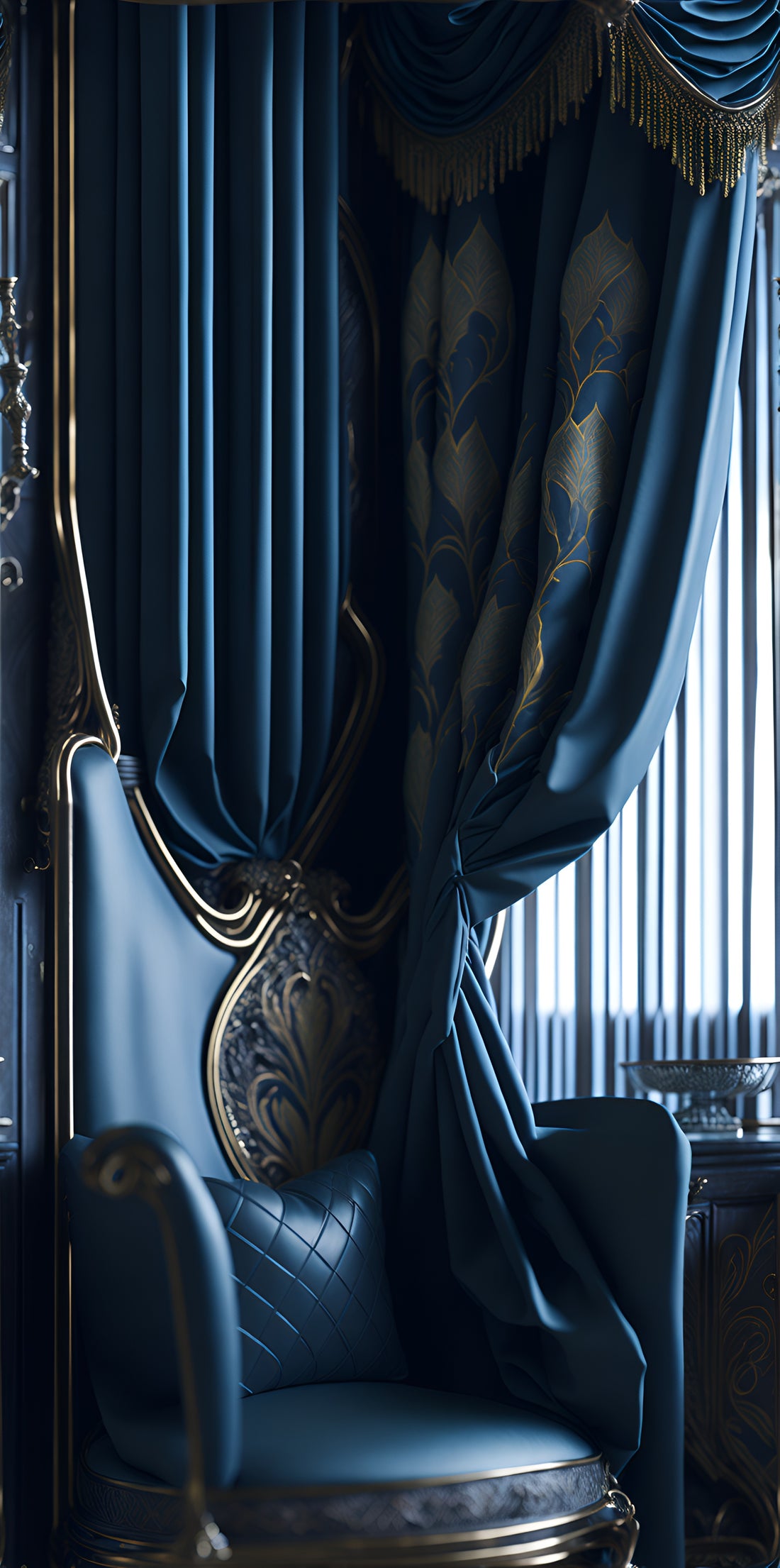 Fabrics for curtains and upholstery full hd images of the room, room design, decors, realistic picture, high quality in royal blue shades
