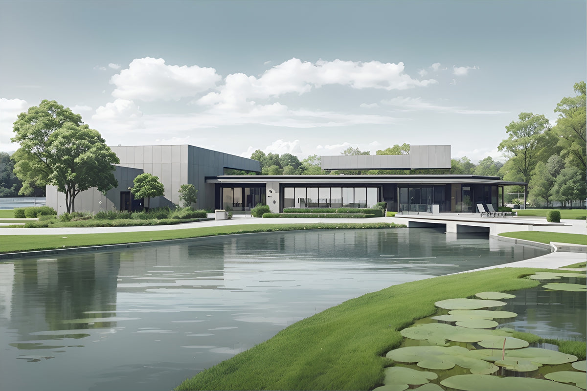 gray green monochrome style，landscape garden design, Sketches，Auxiliary line on the background，smiple style,storehouse,lake in the center，modern architecture storehouse，gray green style，modern style storehouse，reservoir building，water around the building