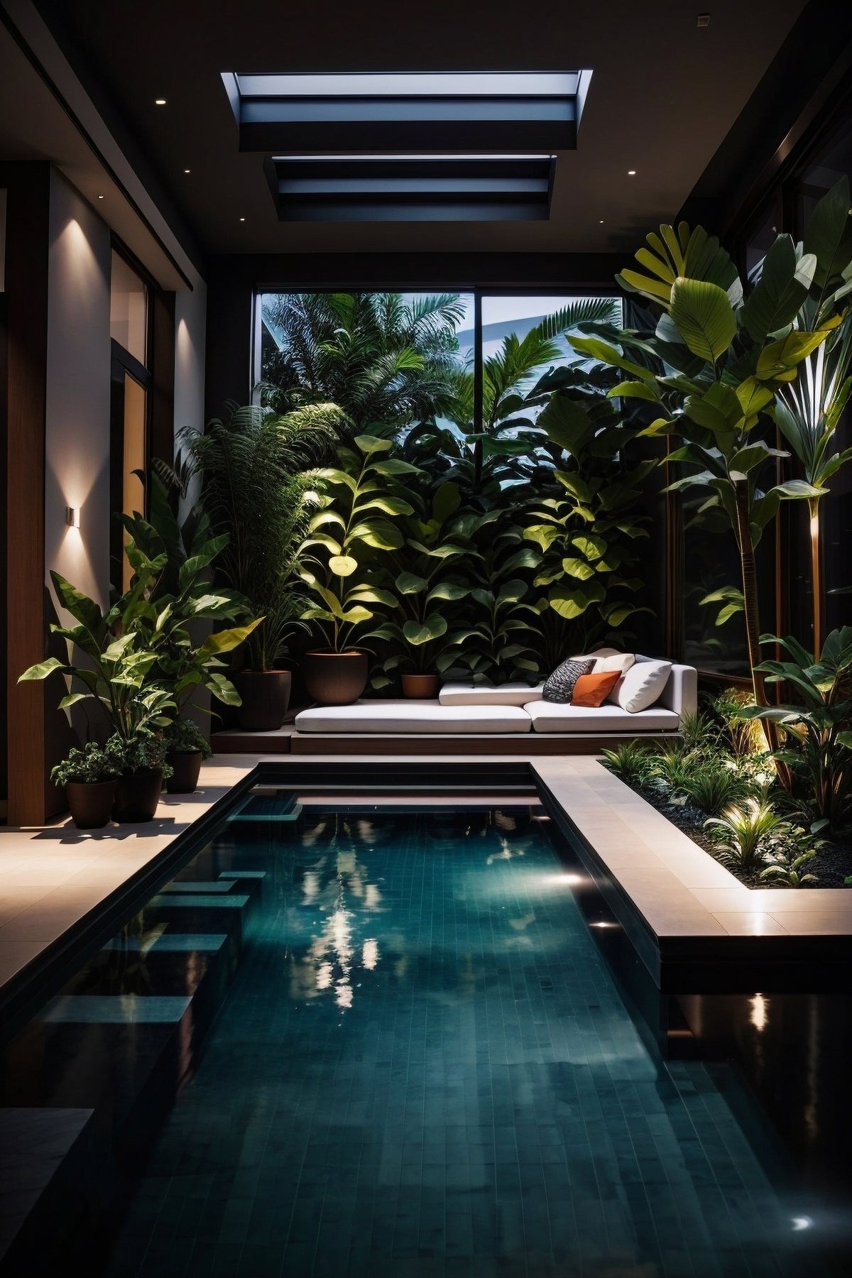 interior design with plants and pool, dark lighting