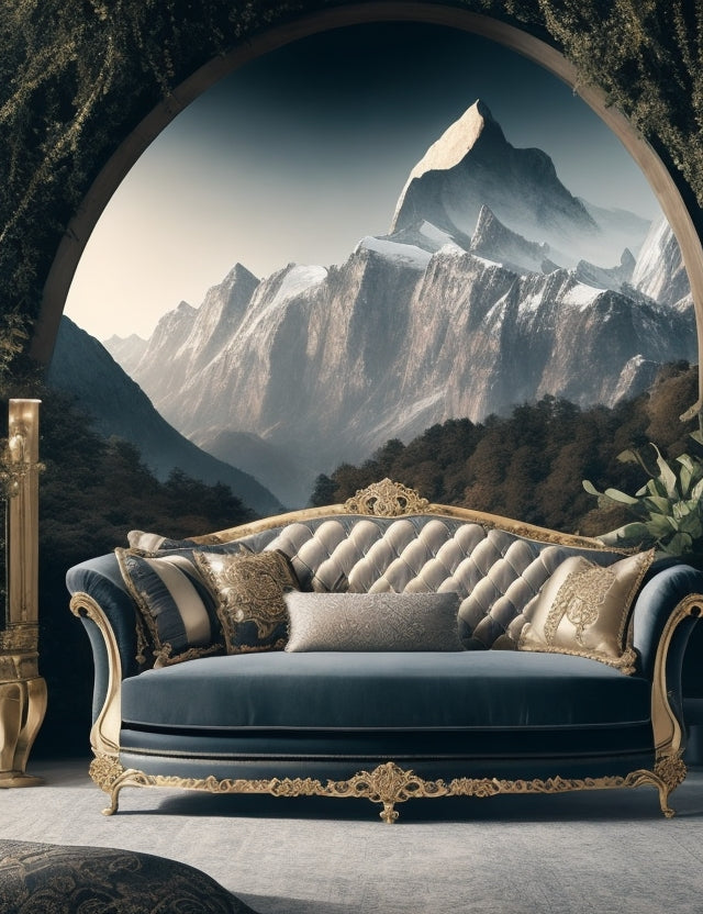 a majestic setting with a luxurious sofa as the focal point. 