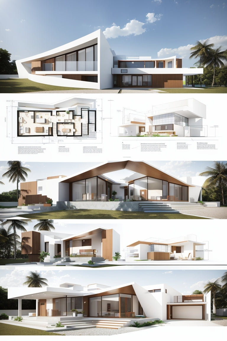 Architectral presentation sheet of a biophillic minimalistic villa folding architecture style contains plans, sections and elevations asthetically integrated in to text and details.