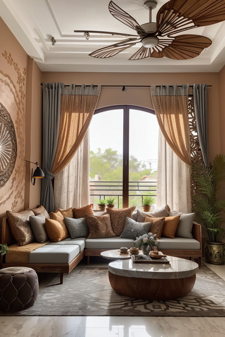 a beautiful living room with open kitchen in modern interior style, highly detailed wall art, Italian stuco painted walls and long curtains