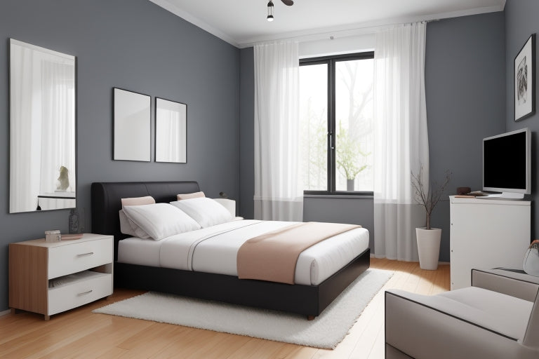 bedroom, bed, bedside table, desk, closet, sofa, window, television, bathroom,minimalism.