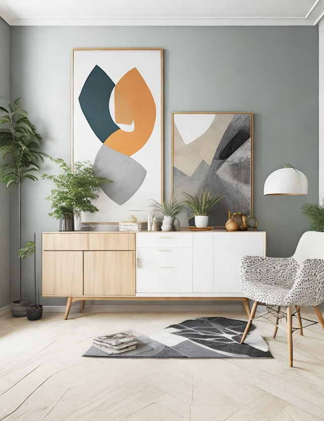 Stylish scandinavian living room interior of modern apartment with wooden commode, design table, chairs, carpet, abstract paintings on the wall and personal accessories in unique home decor