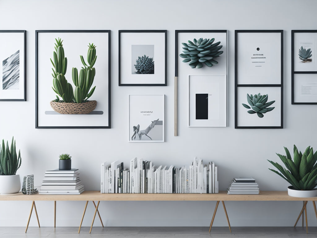 Home interior poster mock up with horizontal metal frame, succulents in basket and pile of books on white wall background. 3D rendering.
