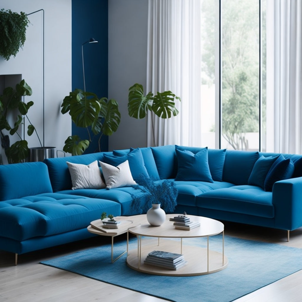 a sofa its color blue Design a modern sofa that will be the centerpiece of a spacious living room in a contemporary home.