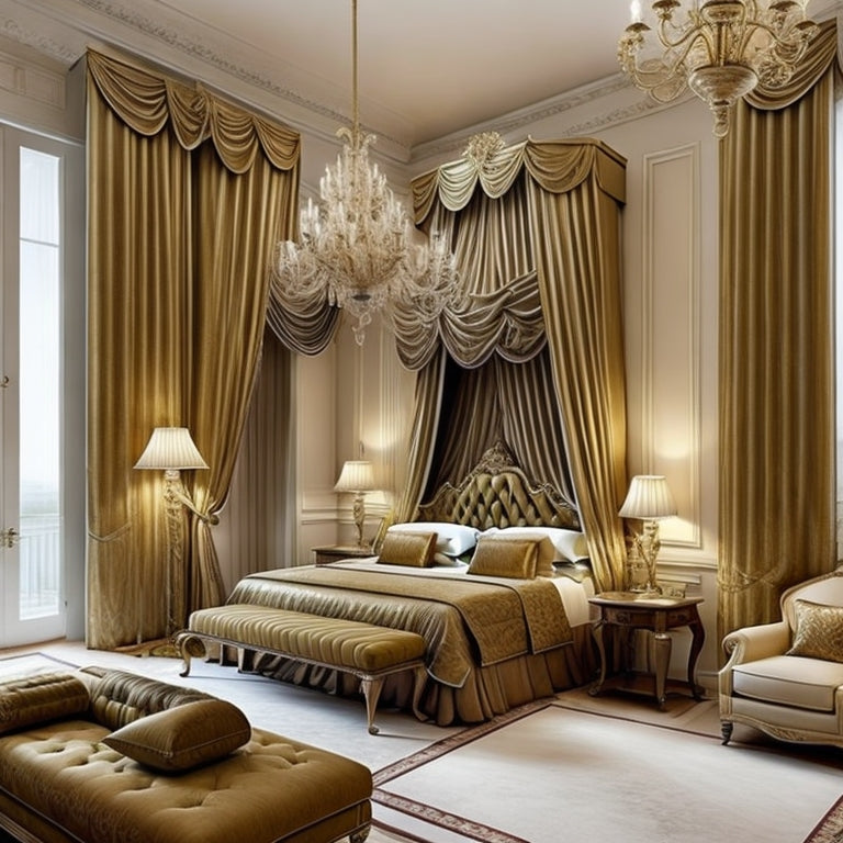 luxurious hotel room interior, with a grand four-poster bed, plush velvet curtains, and a marble fireplace.
