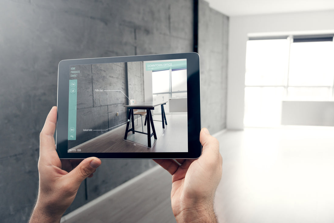 Tablet shows a realistic table insertion in a video of a living space using AI