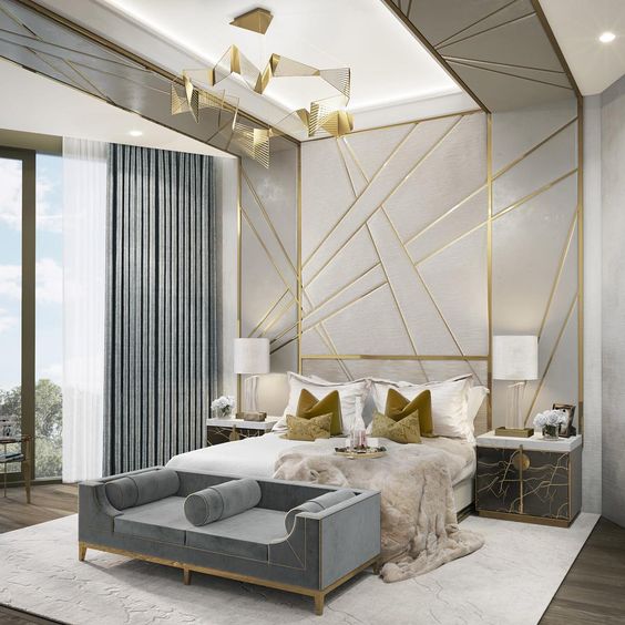 Modern Bedroom with golden accents and greyish theme. Center bed with roof chandelier and modern backdrop